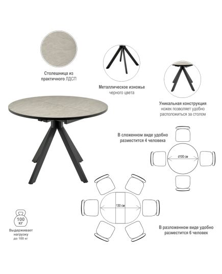 Стол Rudolf круглый раскладной 100-130x100x75см, Бетон слюда, чёрный, изображение 14