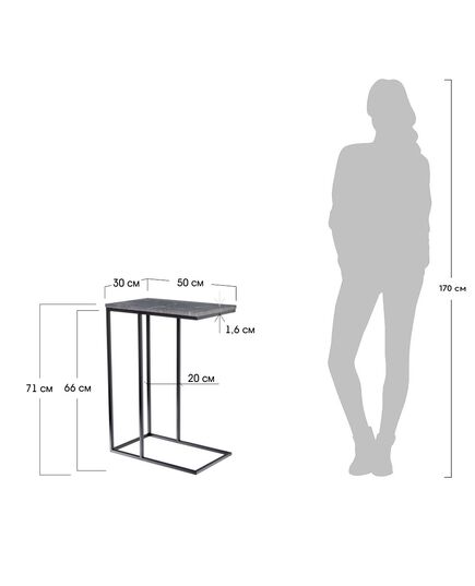 Придиванный столик Loft 50x30см, серый мрамор с чёрными ножками, изображение 8