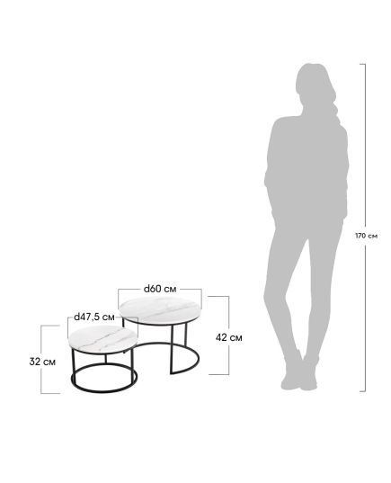 Набор кофейных столиков Tango белый мрамор с черными ножками, изображение 15